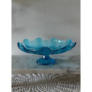 Vintage L.E. Smith Blue Uranium Glass Ruffled Pedestal Compote